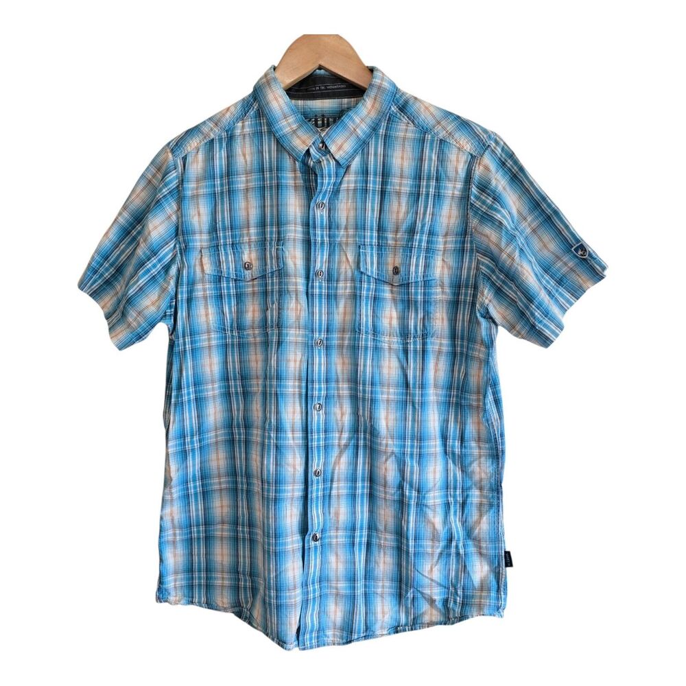 Kuhl Mens Medium Blue Plaid Short Sleeve Button Down Shirt Cotton Linen Blend